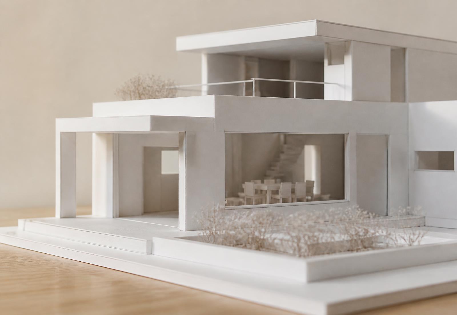 Maquette d'architecture blanche sur une table en bois
